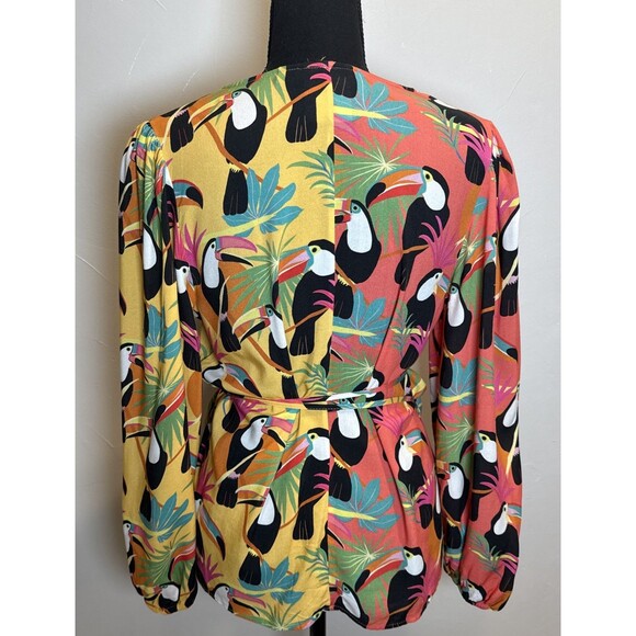 Farm Rio for Anthropologie Rainforest Toucan Wrap Blouse Size XS Beaded Tassel - Picture 6 of 16